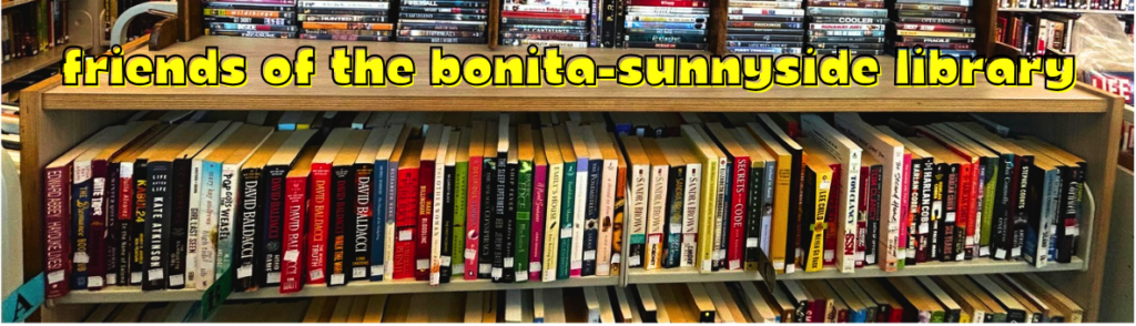 showcasing a main bookshelf located in the center of the friends of the bonita-sunnyside library bookstore with lots of fantasy books and stacks of movie above. DVD and Blu-ray